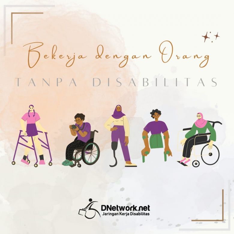 Gambar ini berisikan ilustrasi 5 orang dengan disabilitas fisik (dua orang menggunakan tongkat, dua menggunakan kursi roda, dan satu orang menggunakan kaki palsu) dan berisikan judul 